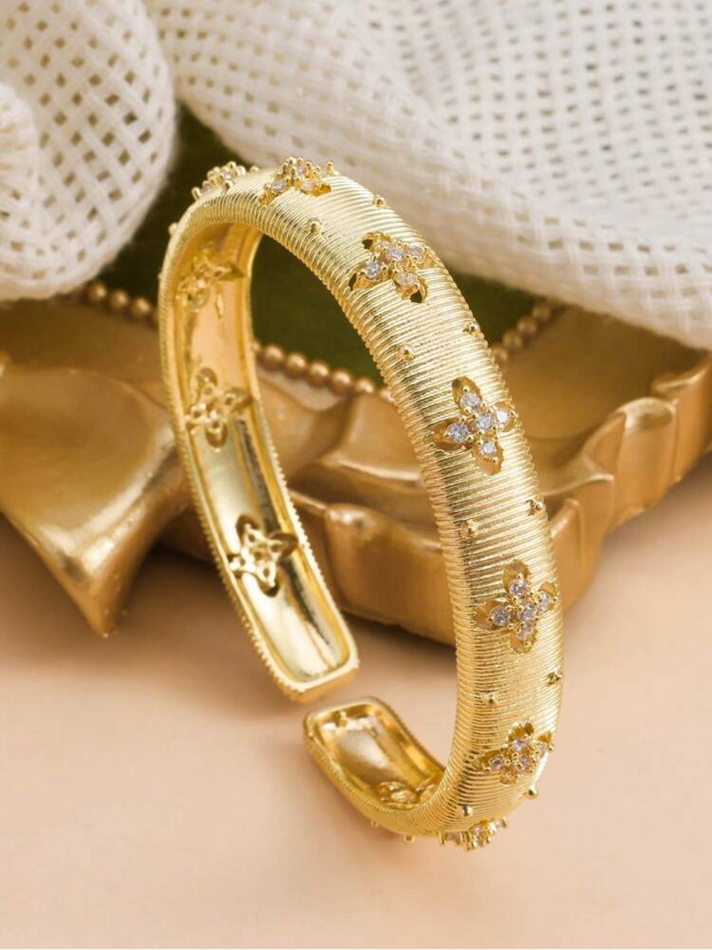 Gold Floral Crystal Hinged Bangle Bracelet